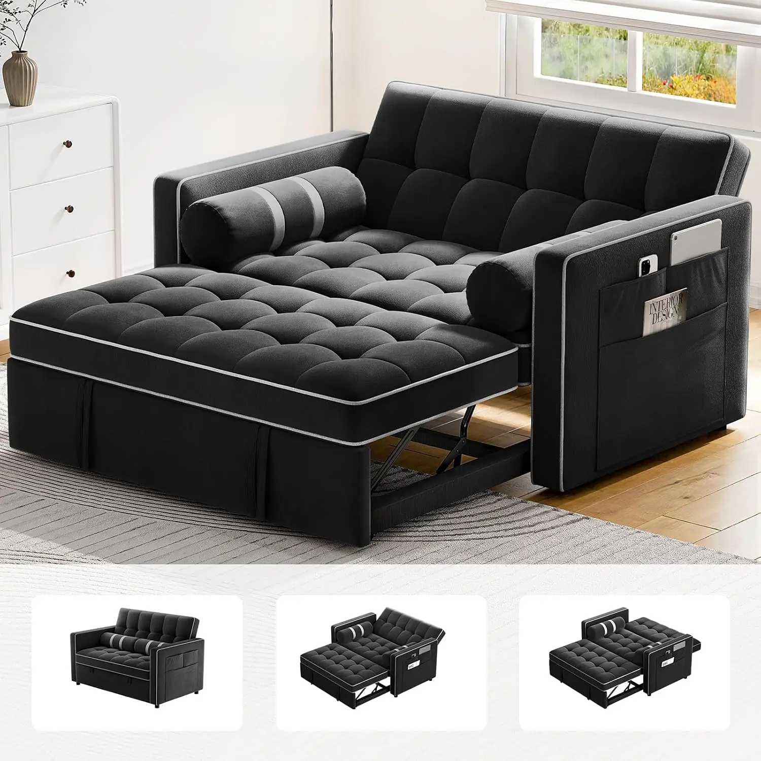 3-in-1 Pull Out Sleeper Sofa Bed with Storage, Convertible Futon for Living Room Apartment Office, Charcoal, Customized