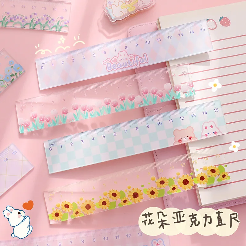 Kawaii Transparent Flower Acrylic Ruler 15cm Cute Sunflower Tulip Straight Ruler Multifunctional Student Drafting Tool Supplies