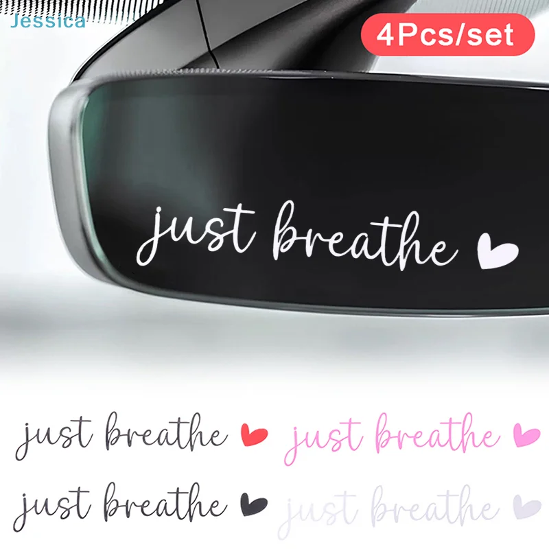 

♥"Just Breathe" Car Mirror Decals | 4-Pack Vinyl Quote Stickers with Heart for Car Interior/Exterior Decor