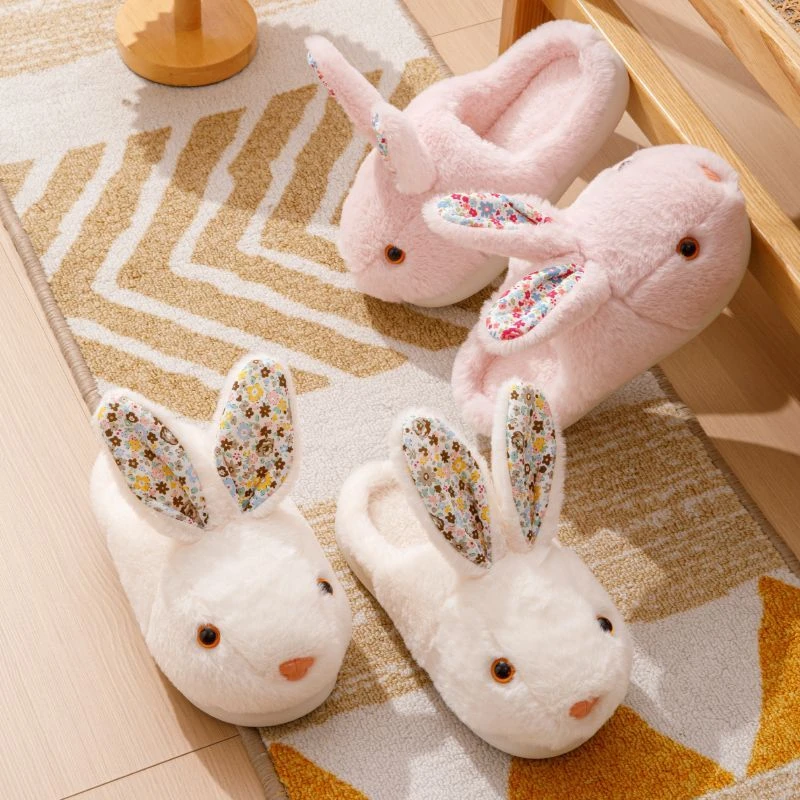 Kawaii 3D Cartoon Bunny Slippers With Stand Floral Ears Pink Plush Rabbit Slippers Warm Non Slip Ladies Home Indoor Winter Shoes