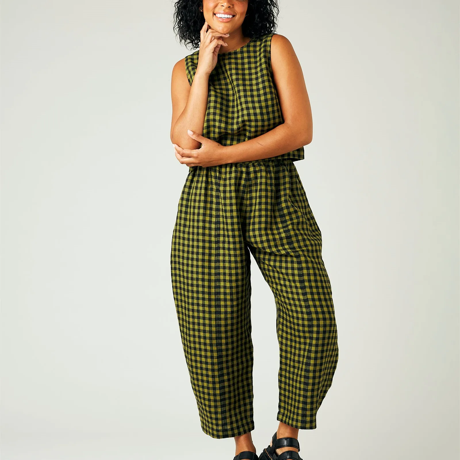 Gaono Casual 2 Piece Lounge Pants Sets for Women Y2k Gingham Outfits Sleeveless Tank Top and Wide Leg Barrel Pants Suits