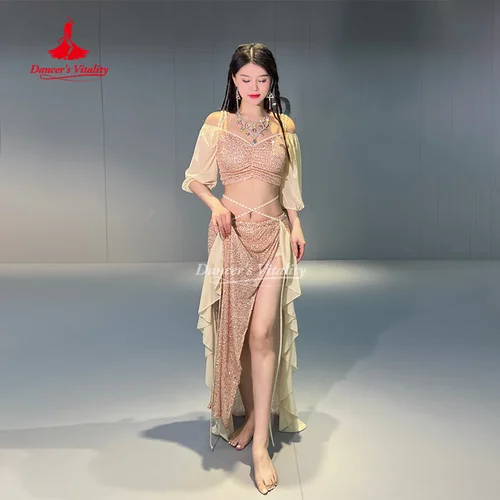 Imagen 2 del producto Conjunto de traje de danza del vientre para mujer, Top de manga corta + falda larga dividida, conjunto profesional Oriental, ropa de danza del vientre, 2 uds.