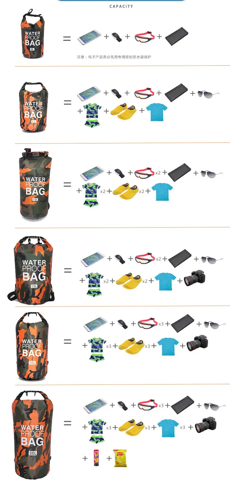 2/5/10/15/20/30L Outdoor Tarnfarben Wasserdichter Tragbarer Rafting- und Tauch-Trockensack PVC-beschichtete Schwimmtaschen für Flusswanderungen – Detail 5