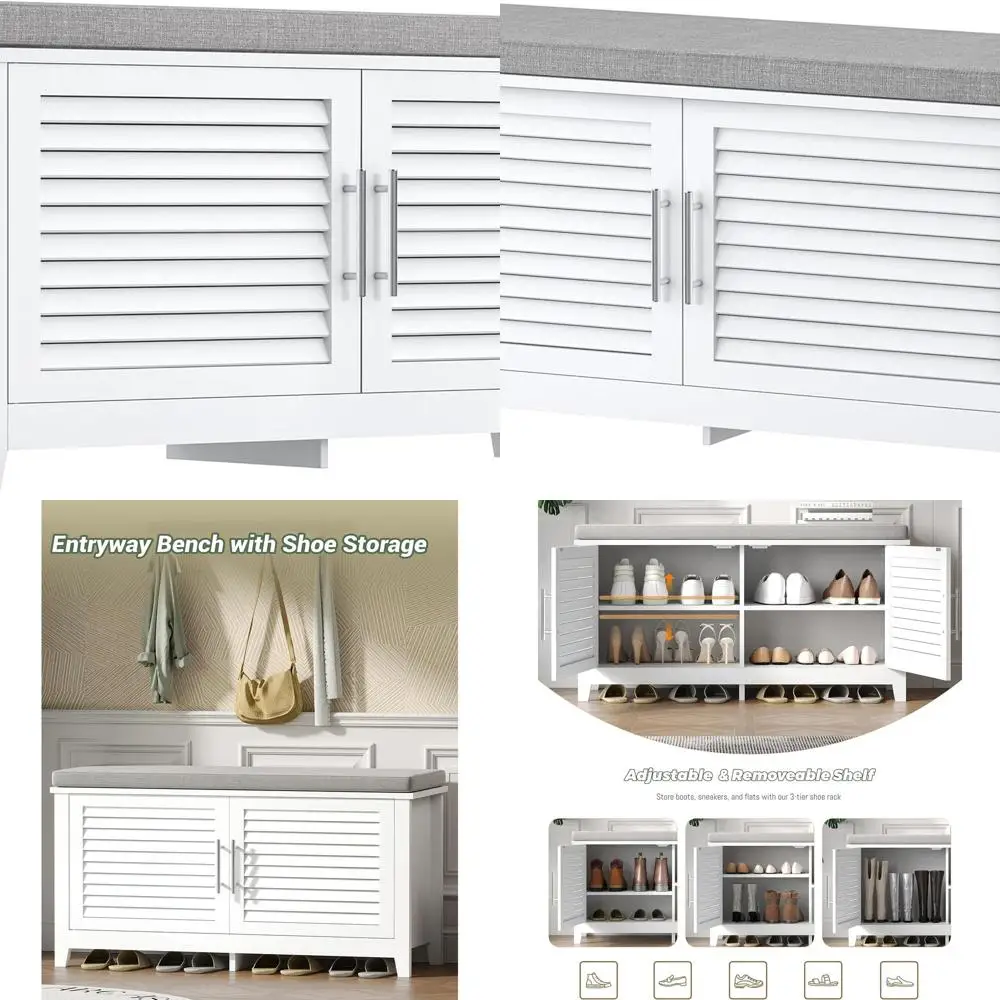 White 2-Tier Entryway Shoe Storage Bench with Cushion & Adjustable Shelf, 39.4 Wide