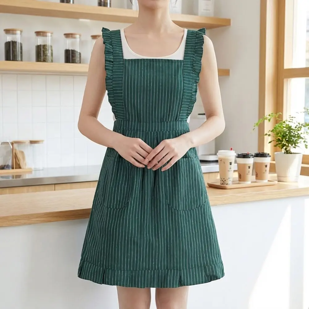 Summer Thin Style Kitch Sleeveless Apron Oil-proof Cotton Cooking Baking Bibs Large Pocket with Straps Princess Dress Apron
