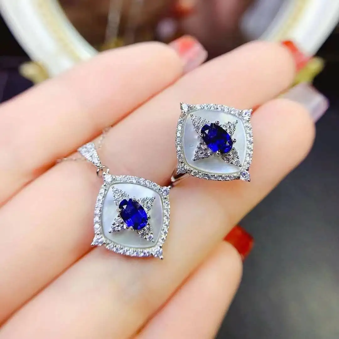 Trendy New Sapphire Set Natural Real Sapphire 925 Sterling Silver Women Party Jewelry set 1pc ring,1pc pendant