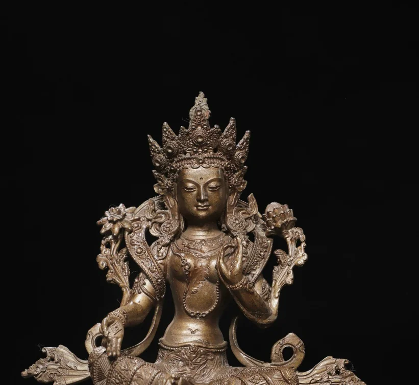 8.6'' Old Tibet Pure Bronze Gilt Green Tara Mahayana Enlightenment Buddha Statue8.6'' Old Tibet Pure Bronze Gilt Green Tara Maha