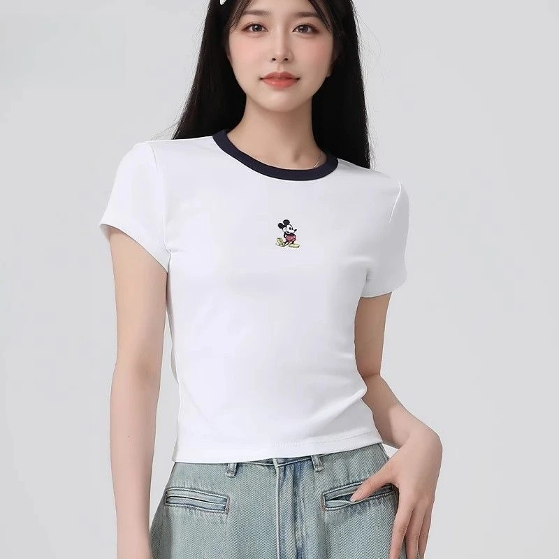 

Новая летняя женская белая футболка с Микки Маусом, укороченная, с мультяшным принтом, короткий рукав, 100% хлопок, облегающий крой, повседневный модный топ