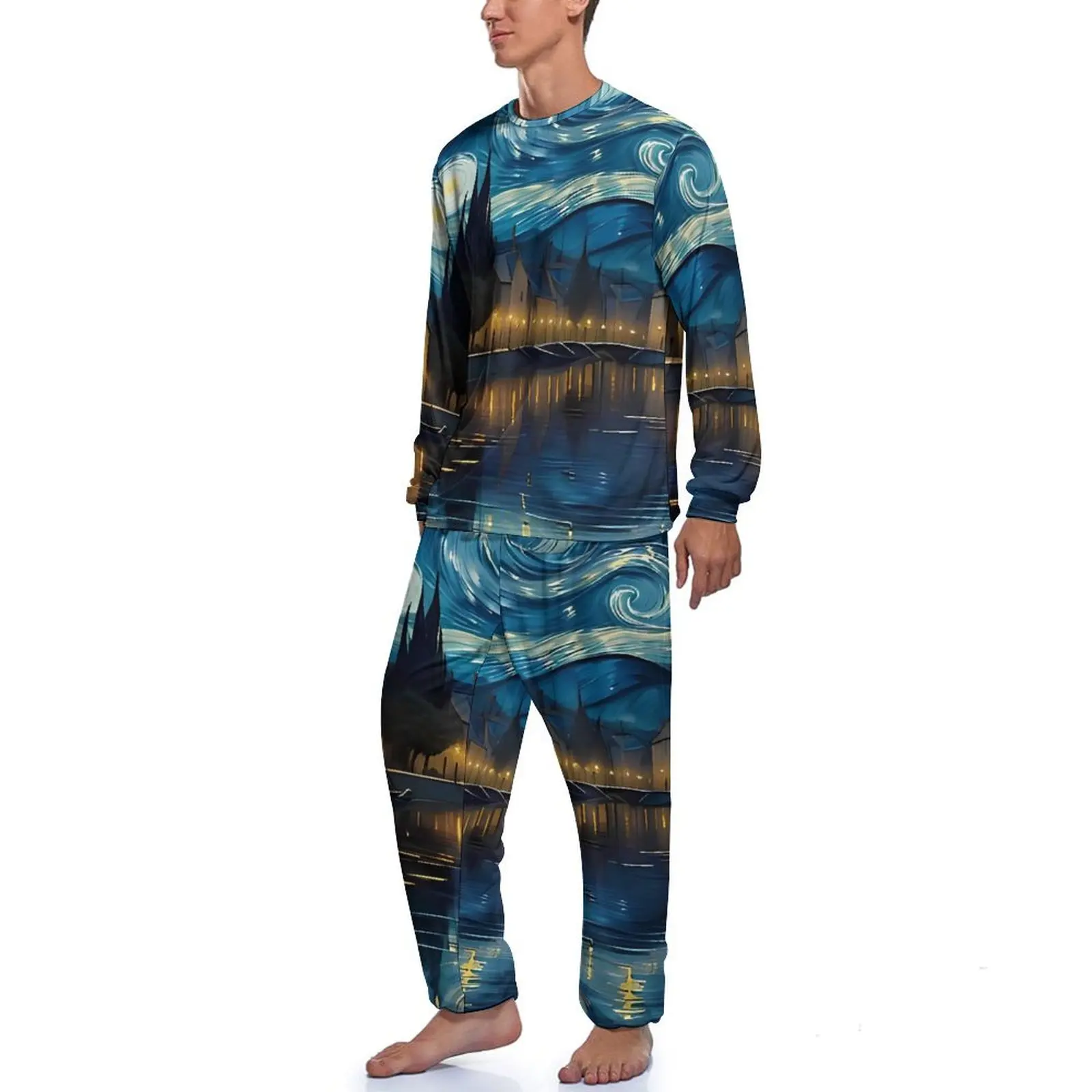 Vincent Van Gogh Pyjama mit Sternennacht-Aufdruck, Frühling, 2-teilig, elegante Pyjama-Sets, langärmelig, ästhetische Grafik-Nachtwäsche für Herren