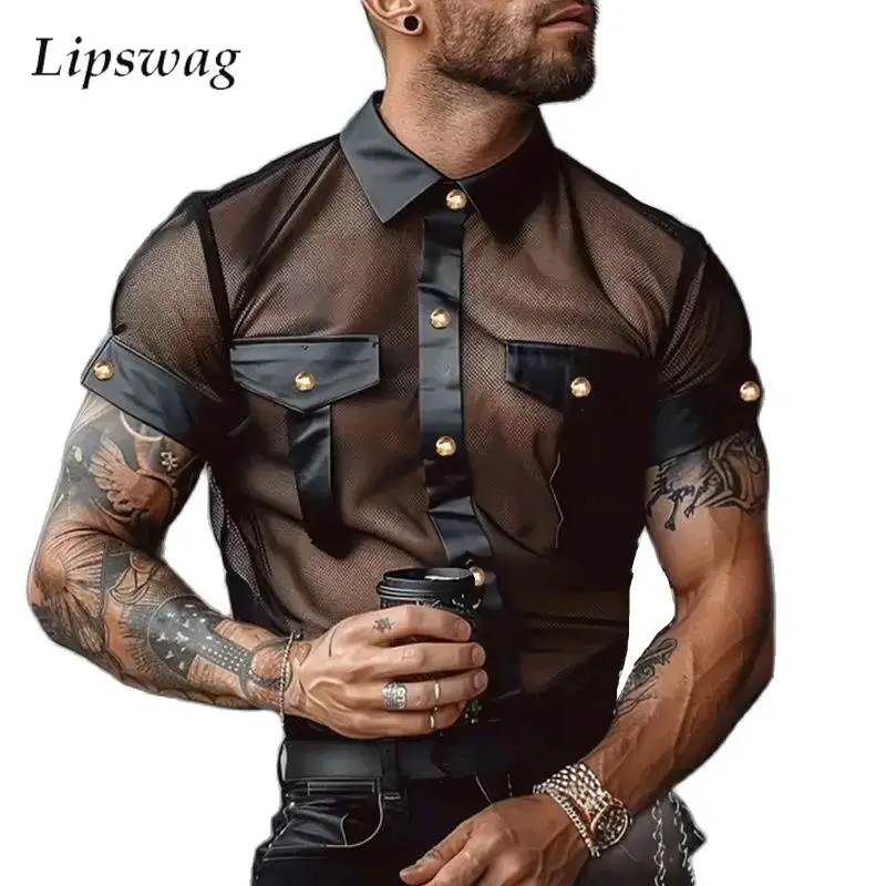 Sexy See Through Mesh Shirts For Men Vintage Patchwork Button Lapel Leather Shirt Party Fashion Mens Short Sleeve Tops Nightclub