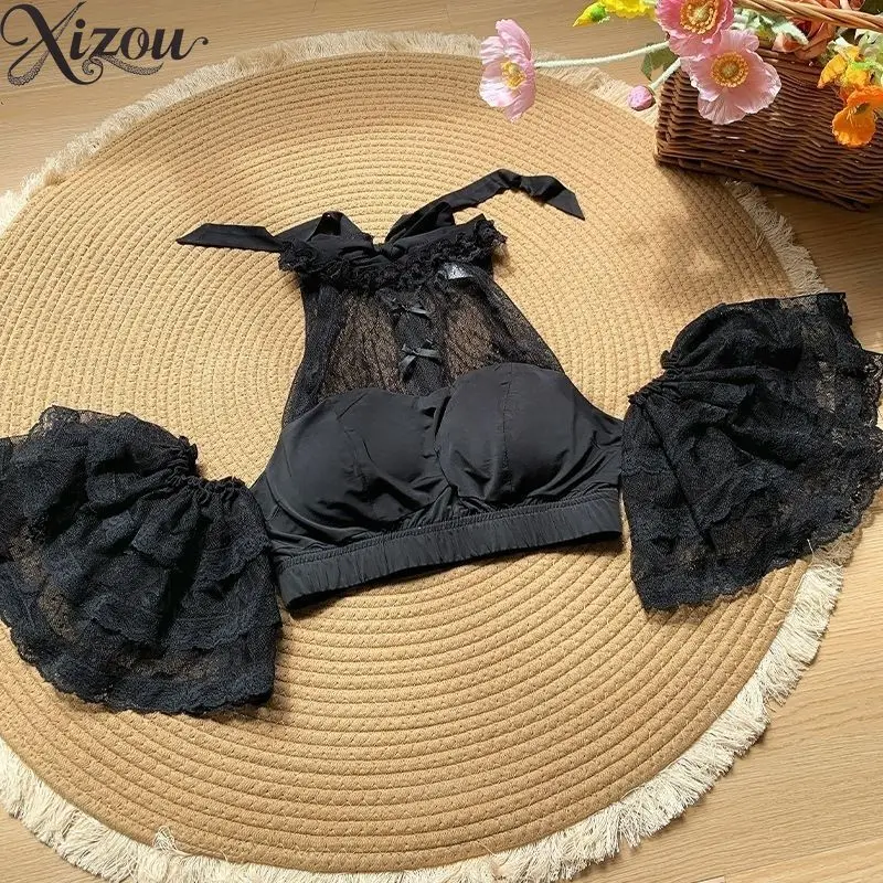 Women Halter Neck Lace Ruffle Flutter Sleeve Bow Padded Bust Cropped Top Gothic Lolita Sexy Sweet Inner Cosplay Casual Wear