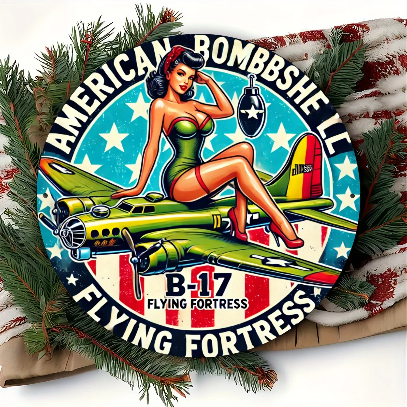 لافتة ألومنيوم دائرية كلاسيكية B-17 Flying Fortress - 20.32x20.32 سم ديكور حائط قديم مع تصميم العلم الأمريكي، متينة وE