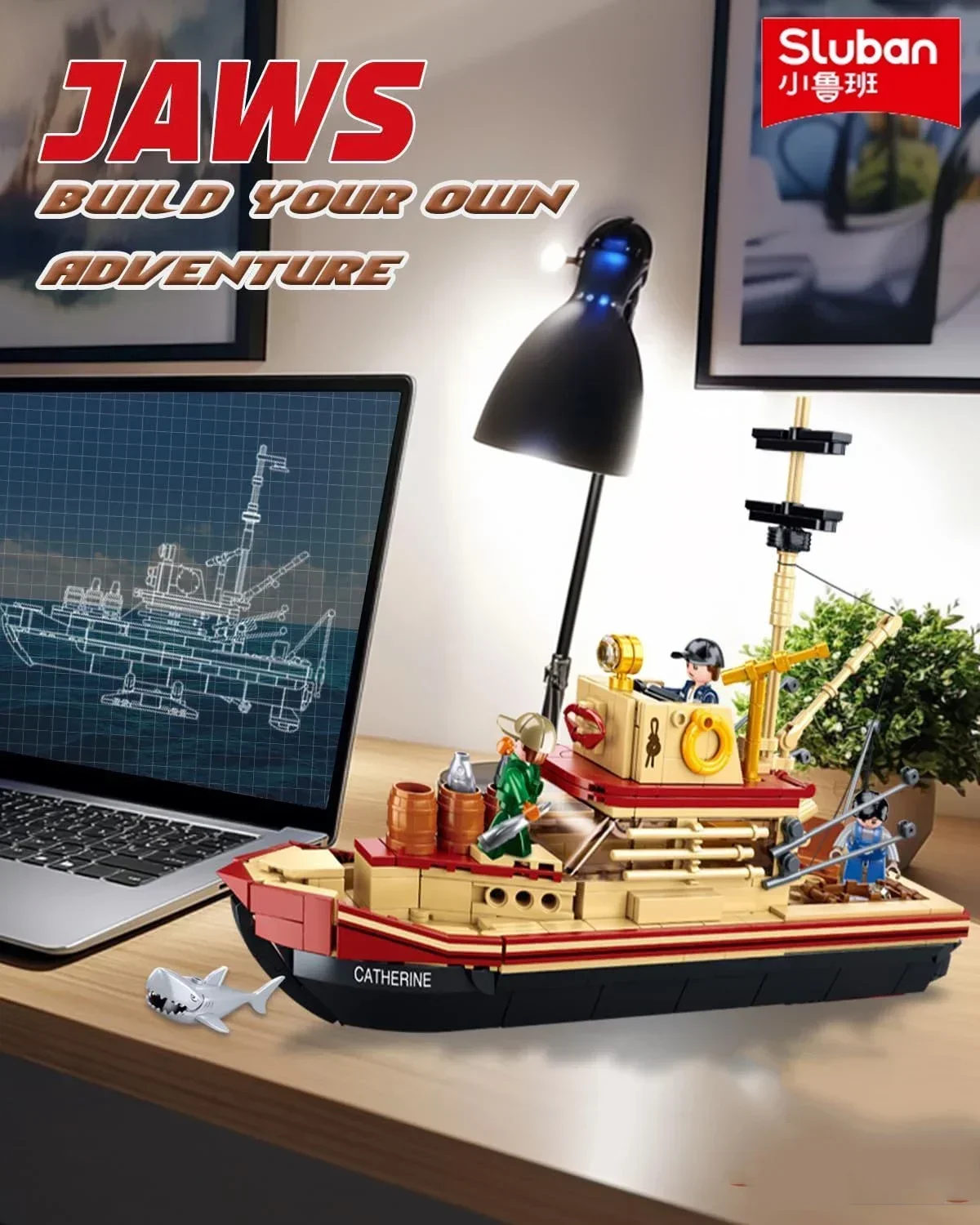 592 Uds. Gran tiburón blanco barco de pesca juego de bloques de construcción con Mini figuras adornos de escritorio juguetes DIY para niños regalos de cumpleaños