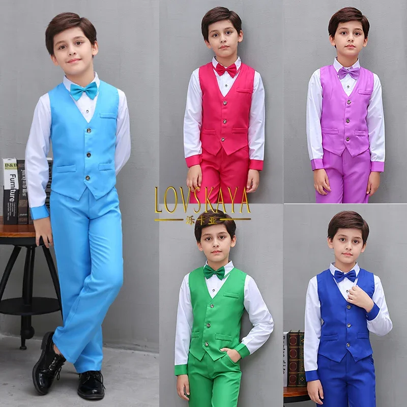 4Pcs Boys Formal Vest Suits Child Clothes Sets Wedding Piano Performance Outfits 3-12 Years