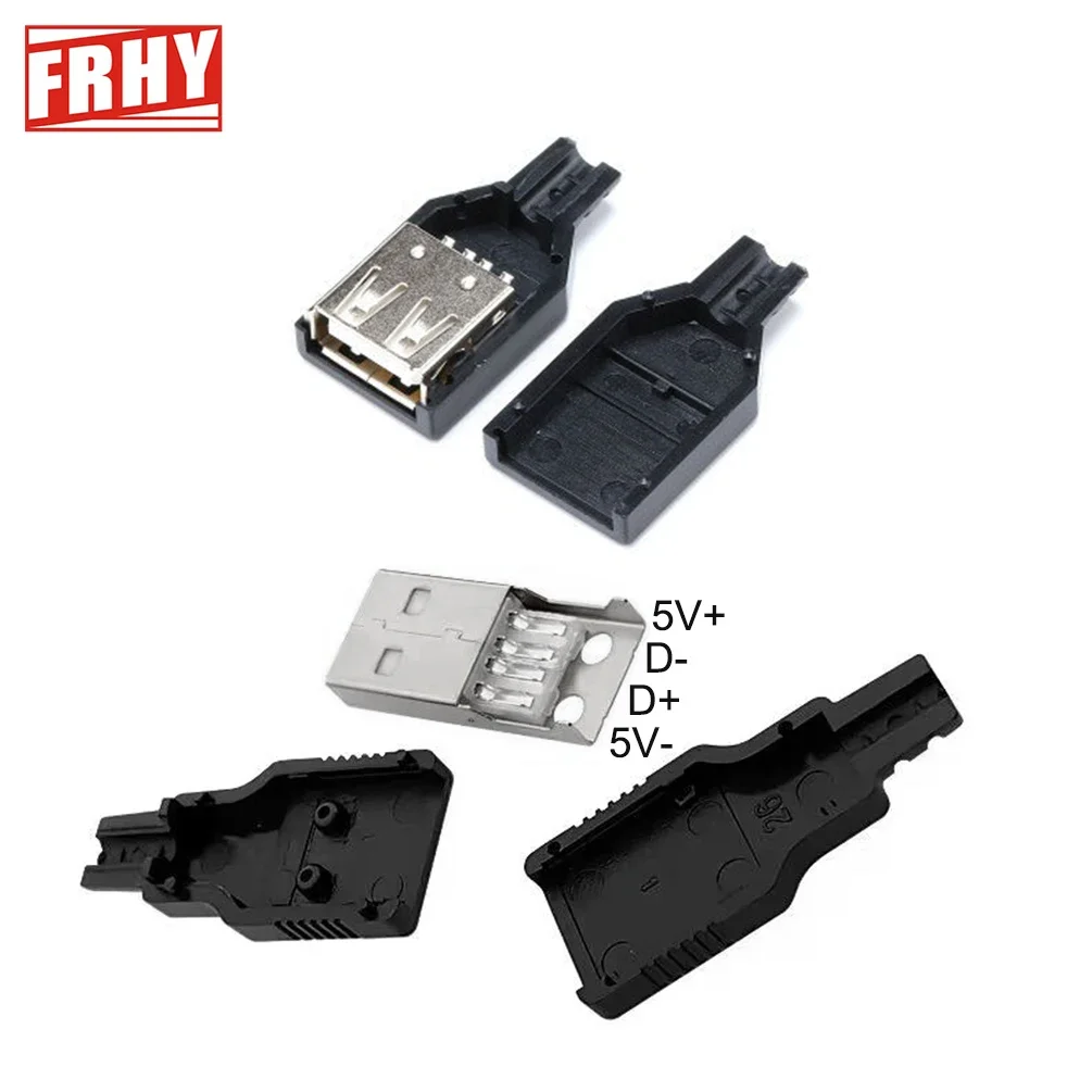 10 PCS Type-A USB Male to Female 4-Pin Connector DIY Kit - Black Plastic Housing, Plug & Socket Set