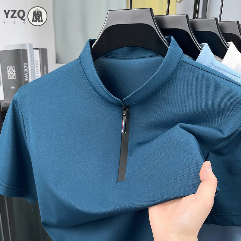 Mens Basic Half Zip Stand Collar Shirt Short Sleeve Ice Silk Lightweight Breathable Summer Top