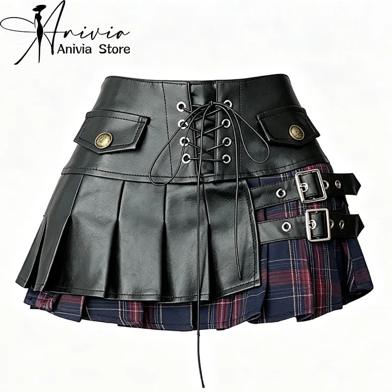 Women's Black Gothic Leather Mini Skirt Y2K Harajuku Streetwear College Retro Casual A-Line Short Skirt Fashion Clothing 2026