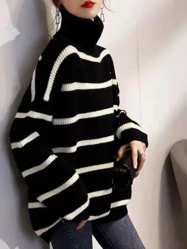 2024 Winter Fashion New Women\'s Elegant Retro Knitted Hoodie High Neck Casual Warm Long Sleeve Color Blocked Striped Top Jumper