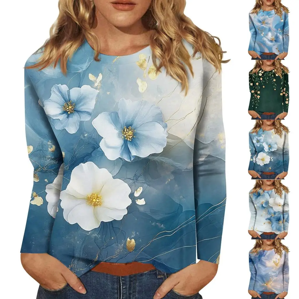 

Женская базовая футболка с длинными рукавами, круглый вырез, синий цветочный принт, однотонный топ, повседневный пуловер, подарок на вечеринку, универсальная футболка.