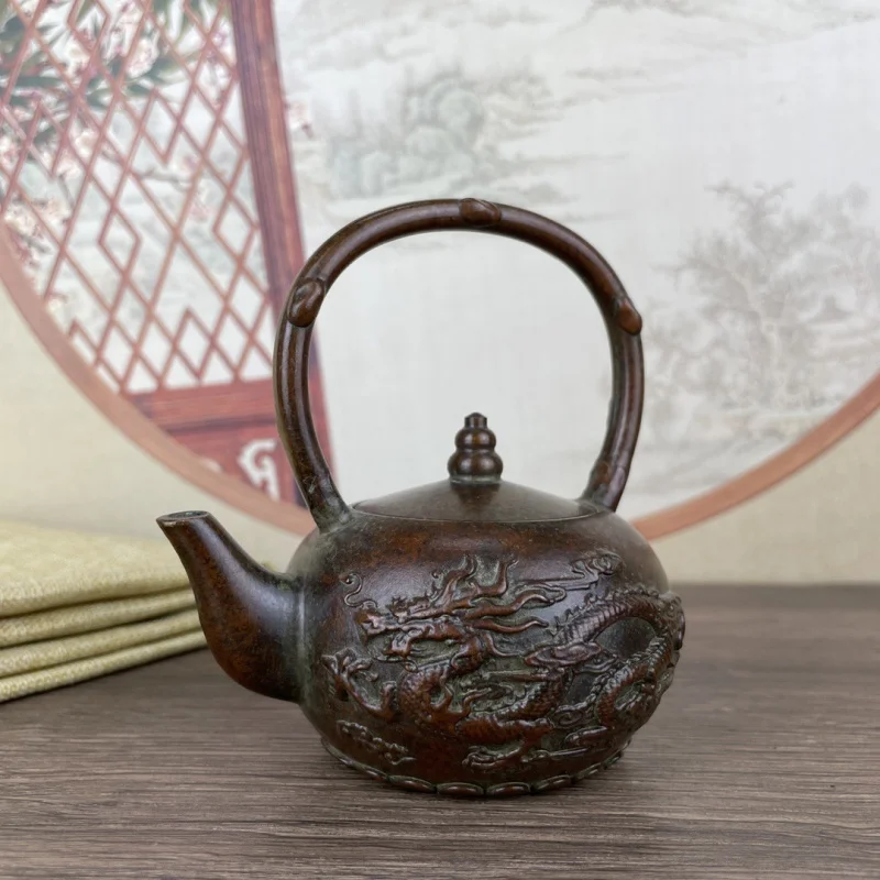 Antique Pure Copper Longfeng Teapot Wine Pot Vintage Copper Home Decoration Handle Pot Home Decorative Crafts Decoration