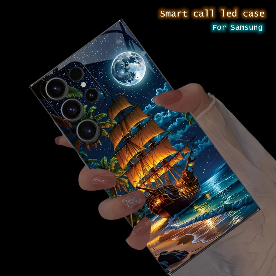 

Sail Dream Moon LED Light Glass Phone Case For Samsung S25 S24 S23 S22 S21 Plus S20 FE Note 20 Ultra Glow Tempered Glass Cover