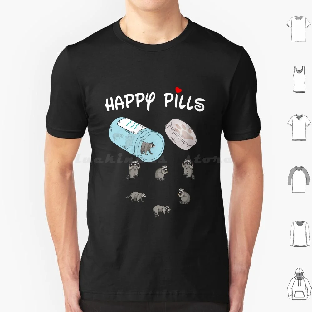 Happy Pills Raccoon T Shirt Big Size 100% Cotton Cat Kitten Possum Skunk Raccoon Retro 80S Animals Pets Cute Cuddly Rainbow