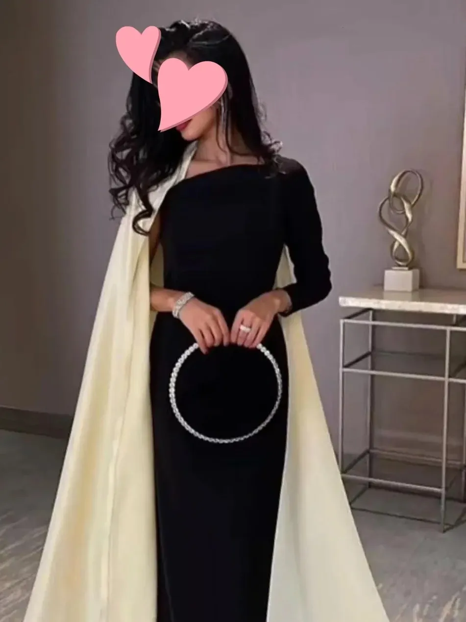 Robe Sirène Noire Élégante à Manches sulf, Longueur au Sol, VincFormelle, Dubaï, Bal de Promo, Soirée, Quelle que soit