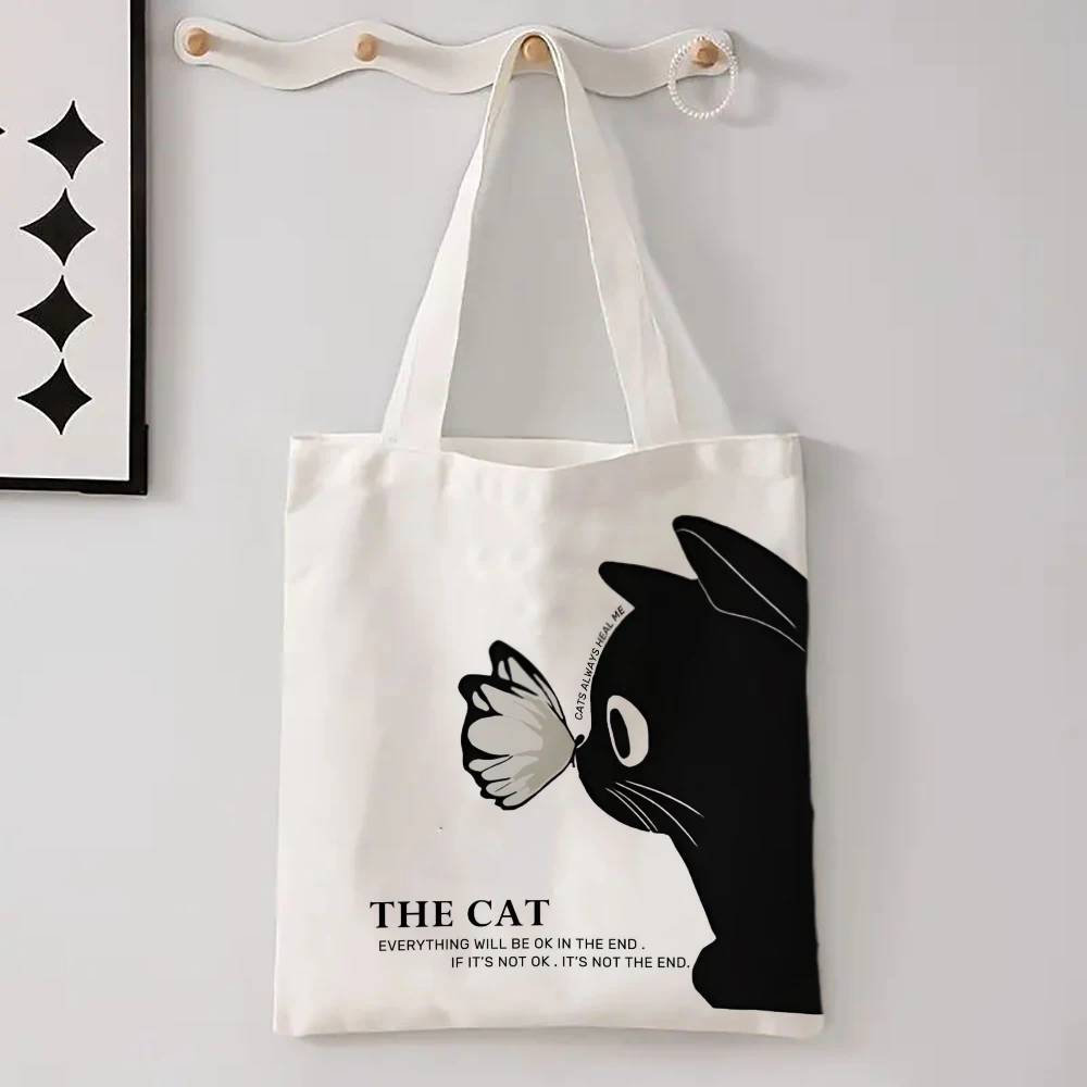 Kawaii Chic Cartoon Animals Cat Large Capacity Canvas Tote Bag Butterfly, Panda Stylish Shoulder Bag for Women