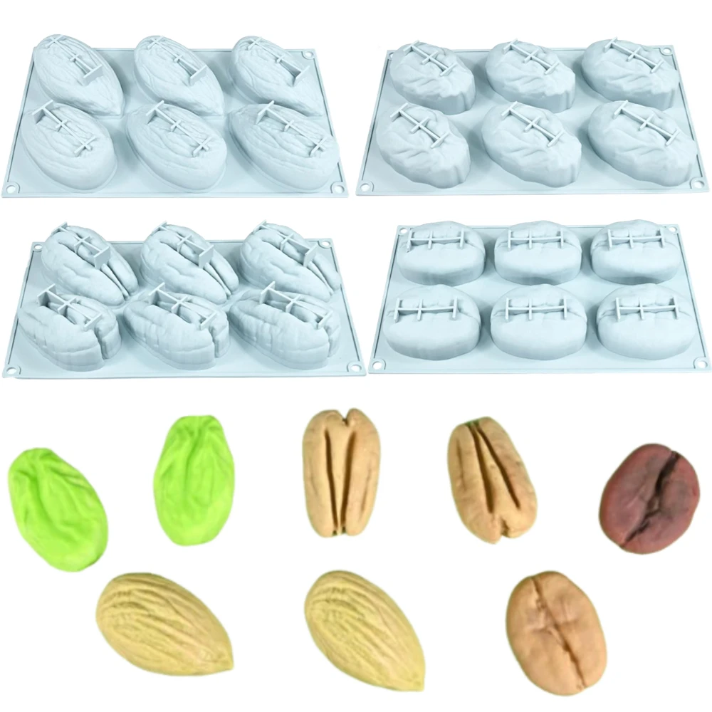 6 Cavity Nut Silicone Mold, 3D Almond Pistachio Pecan Coffee Bean Mould, Non-Stick Baking Tool for Mousse Cake Pudding Desserts