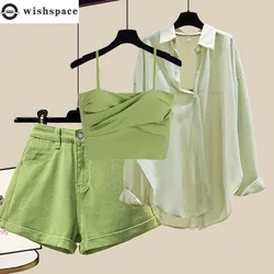 Sunscreen Chiffon Shirt Denim Shorts Three Piece Elegant Women's Pants Set Summer Outfits Crossed Chest Strap Long Sleeve Style