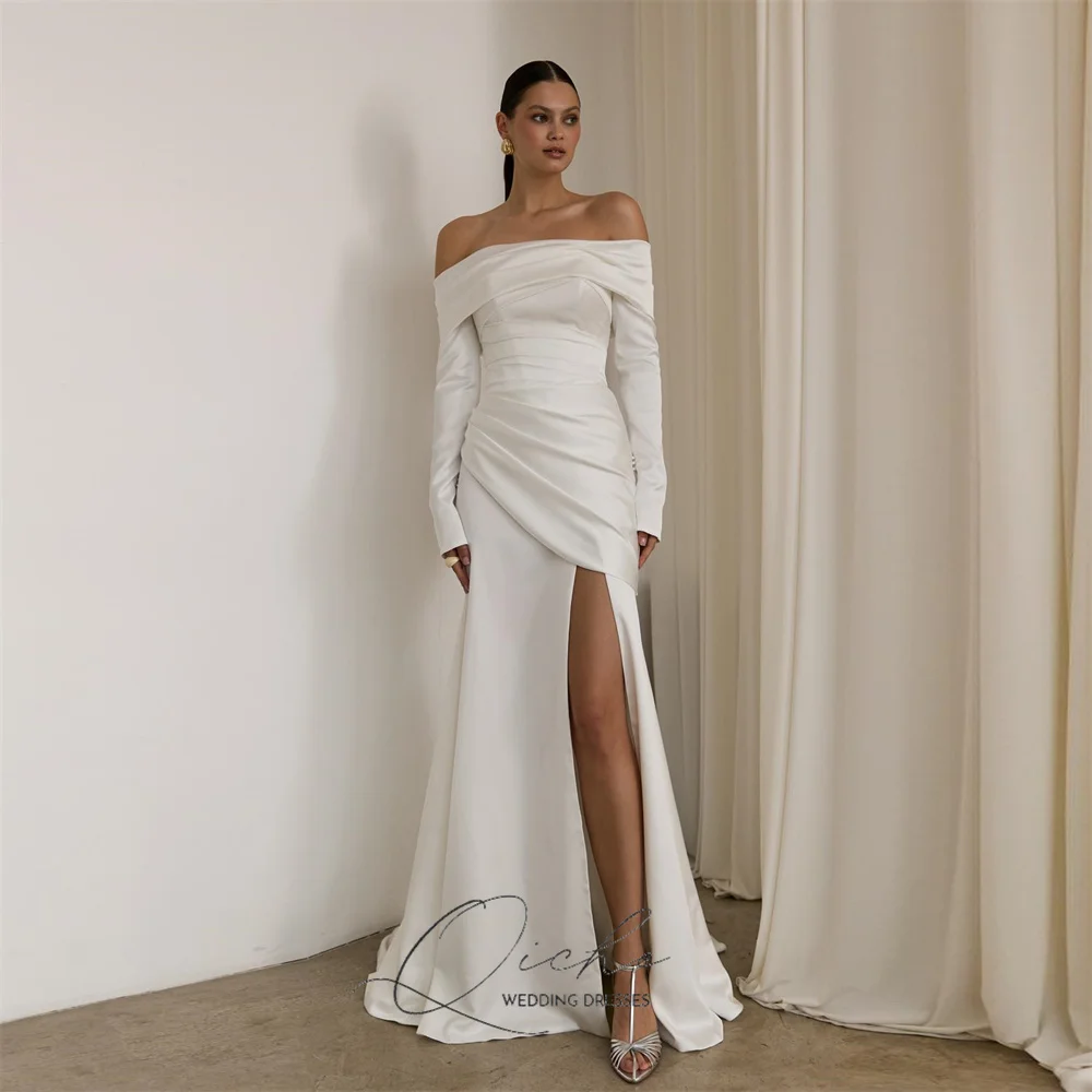 

QICHE классическое свадебное платье с длинными рукавами и открытыми плечами без бретелек со складками с высоким разрезом по бокам и открытой спиной, женское платье невесты по индивидуальному заказу