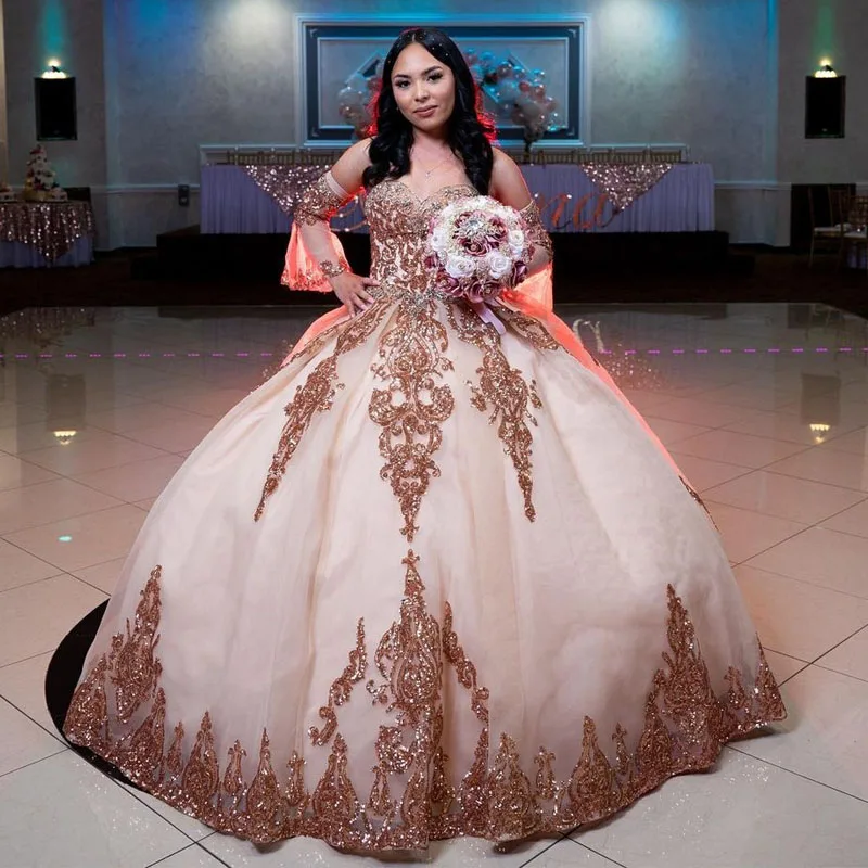 

2023 платье принцессы для Quinceanera с открытыми плечами с длинным рукавом кружевной аппликацией блестками для вечерние ринки милое бальное платье принцессы 15