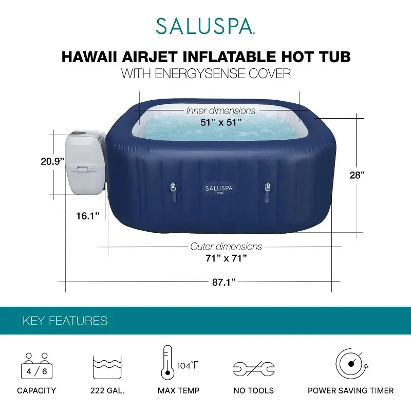 SaluSpa AirJet 4 to 6 Person Inflatable Hot Tub Square Portable Outdoor Spa with 140 AirJets and EnergySense Energy Saving Cover view 3