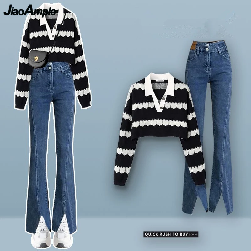 

Women Autumn Winter Heart Short Sweater Denim Pants 1 or 2 Piece Set 2023 New Korean Lady Slim Flare Jeans Knit Pullover Outfits