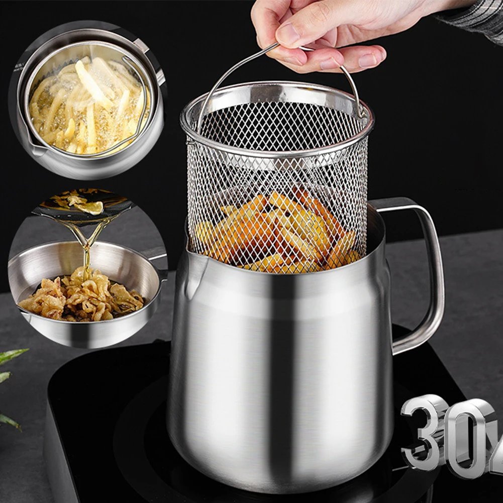 1.5/2L Oil Filter Vessel Multi-Functional with Frying Basket Grease Container Large Capacity  Stainless Steel Oil Strainer Pot