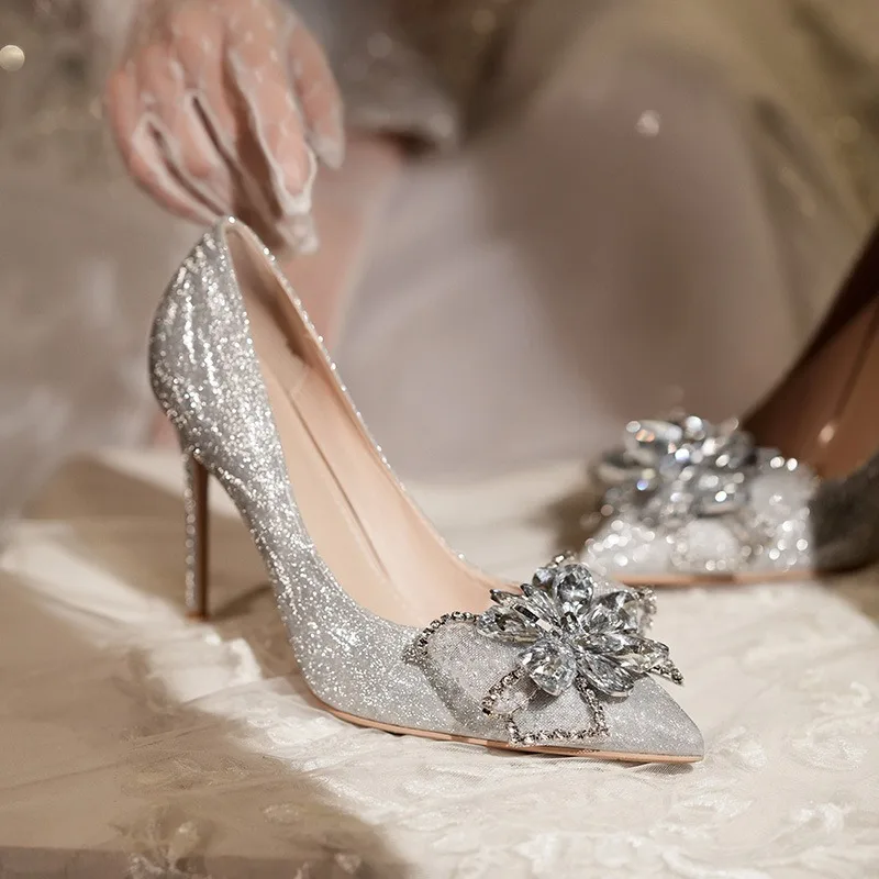 

New Women's Shoes Luxury Bride's Wedding Shoes Crystal High Heels for Women French Pointed Tip High Heel Pumps Zapatos De Mujer