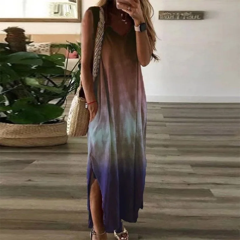 Women's V-neck Casual Loose Fashion Tie Dye Gradient Color Long Dresses Sleeveless Split Dress with Pockets Summer Beach Skirt