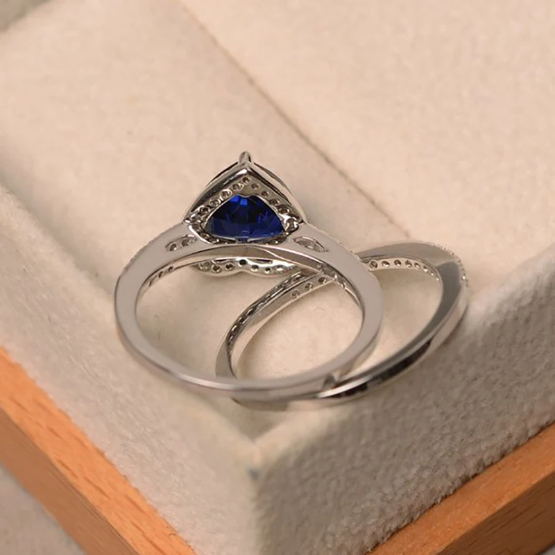 Jianjie 2Pcs/set Dark Blue Heart Zircon Shape Rings for Wedding Women Romantic Sparkling New Ring Jewelry Accessories