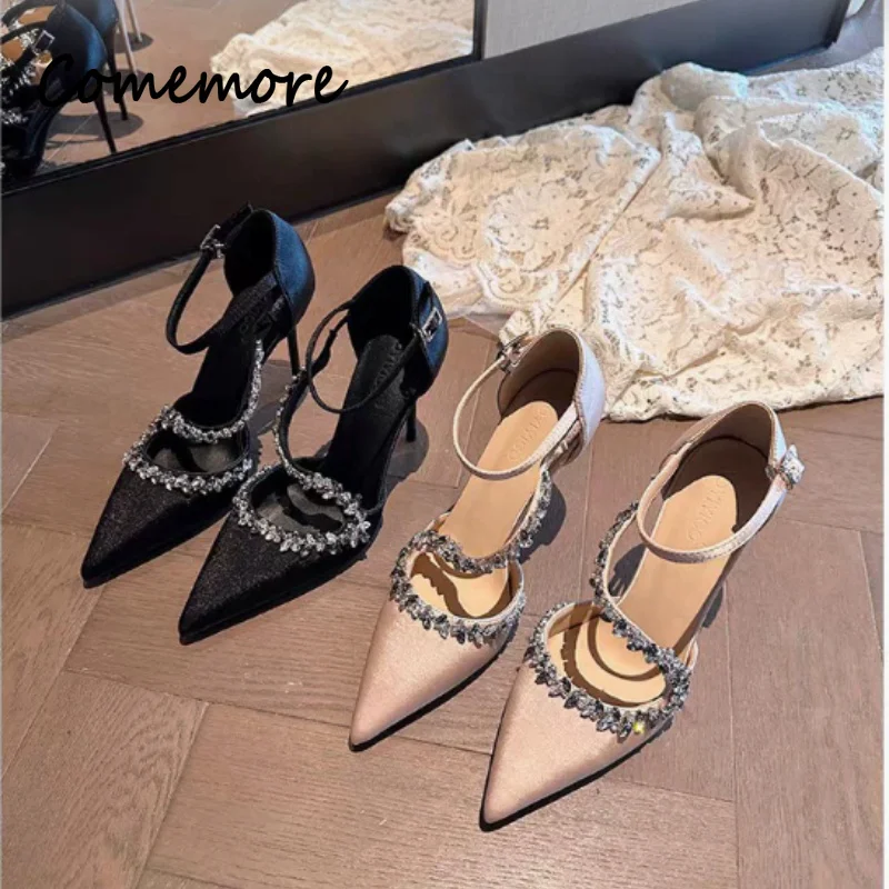 Comemore 6/8/10CM New Chunky-Heel Women\'s Sandals Rhinestone High Heels Luxury Party Wedding Summer Heeled Pumps Ladies Shoes
