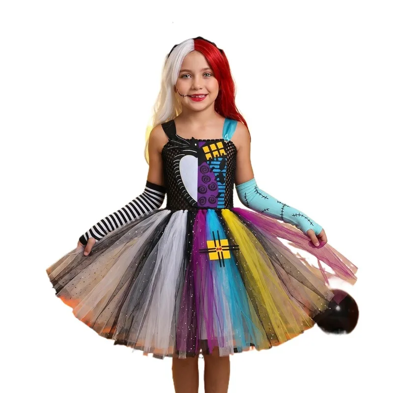 New Cosplay Costume Christmas Eve Scare Jack Sally Splicing Dress Halloween Performance Party Role Playing Outfits for Girls