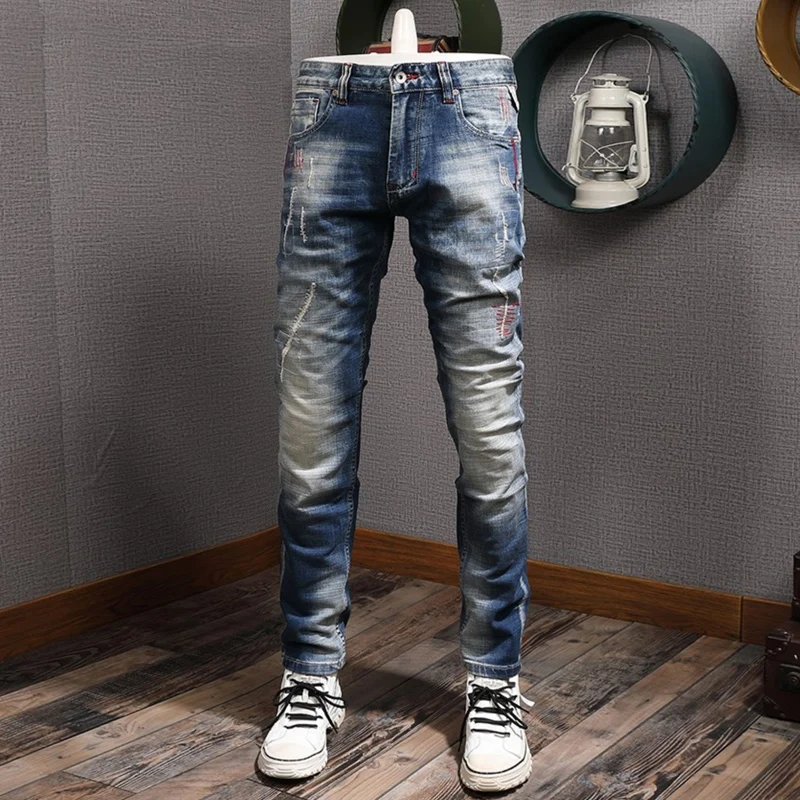 Men's Y2K Fashionable Slim Fit Jeans Elastic Waist Nostalgic Washed Blue Designer Retro Scratch Pants