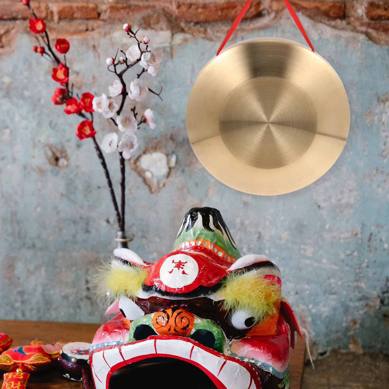 1Set Copper Gong Hand Made Traditional Chinese Gong Red Hand Percussion Instrument Hammer Clear Loud Sound Training Creativity