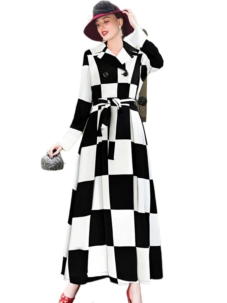 

Office Lady Autumn Trench Coat Double Breasted Jackets Black and White Korean Fashion Long Coat Women Turn-down Collar Outwear