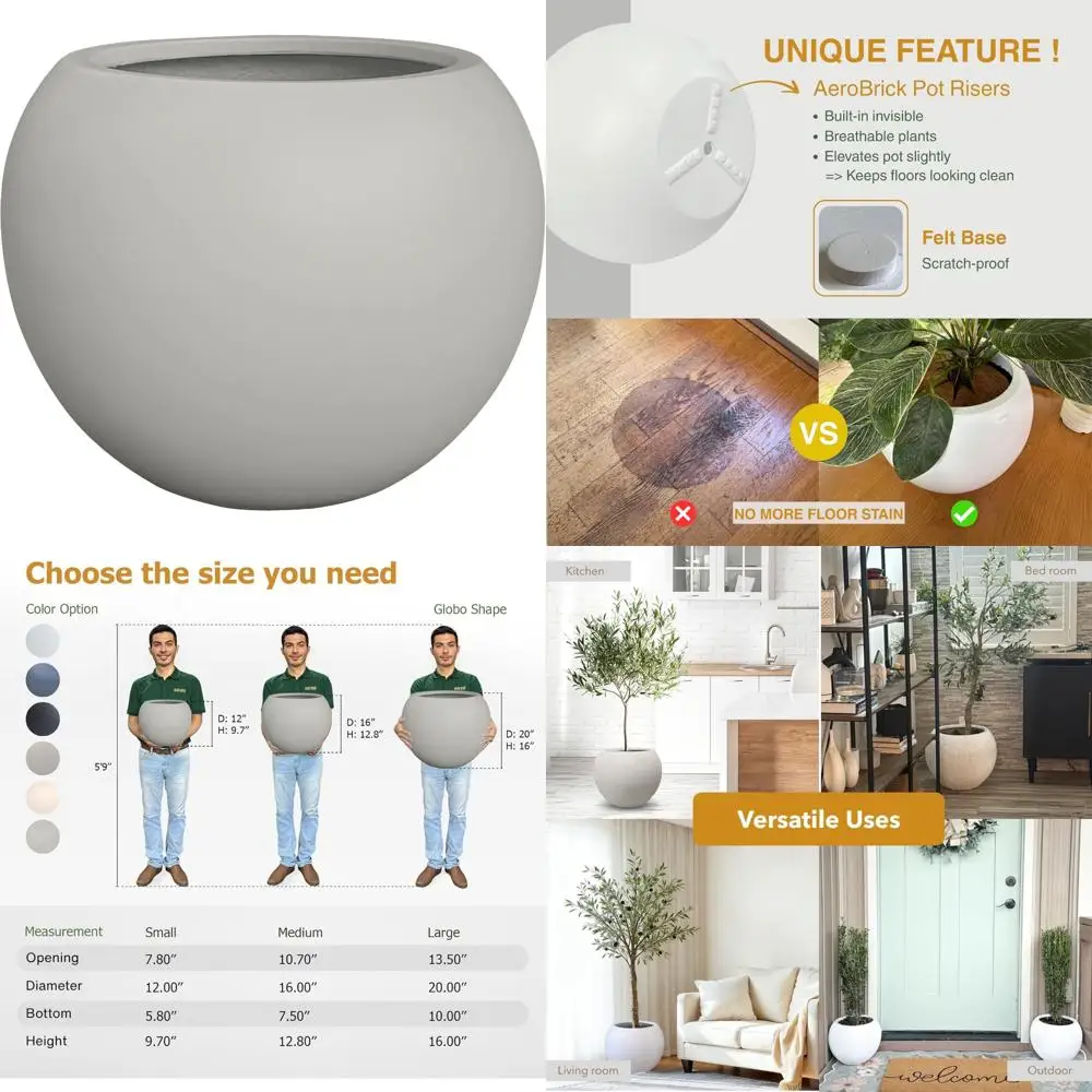 

Большие горшки для растений из волокнистого камня в помещении и на открытом воздухе, светло-французский серый цвет, диаметр 16, высота 12,8, подходят для декора крыльца и патио