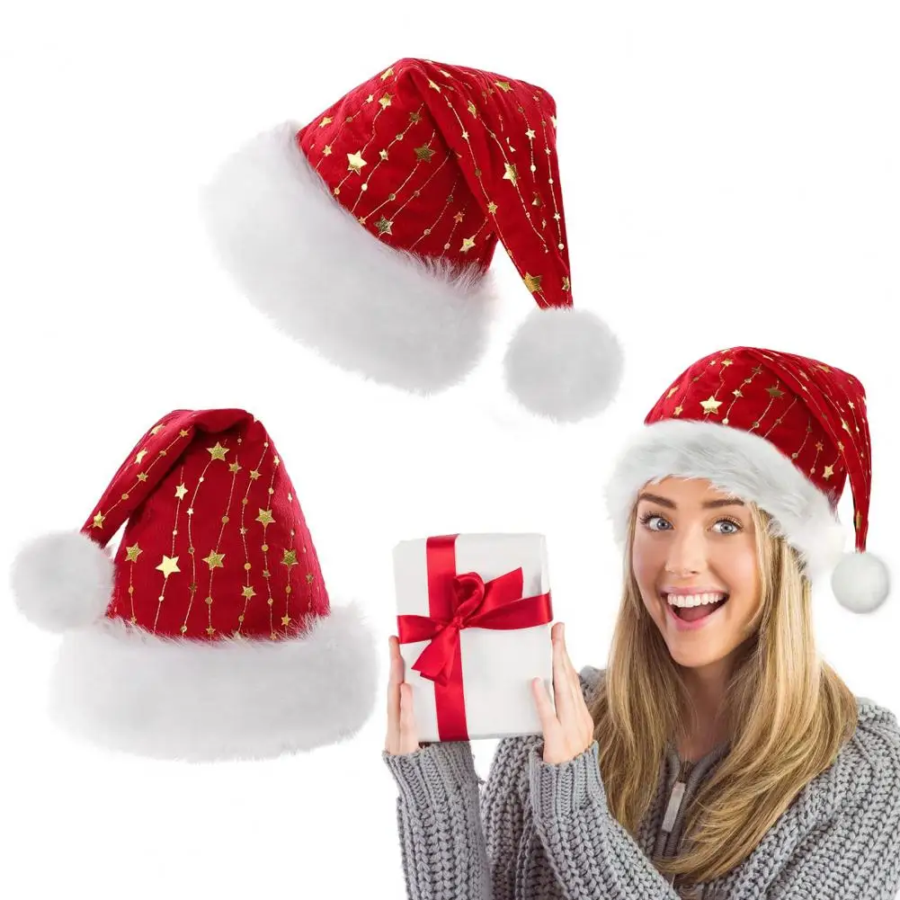 الذهبي ستار سانتا قبعة قبعة عيد الميلاد الحمراء مع الأبيض رقيق Pompom غامض عيد الميلاد قبعة احتفالية جمع السنة الجديدة قبعة عيد الميلاد