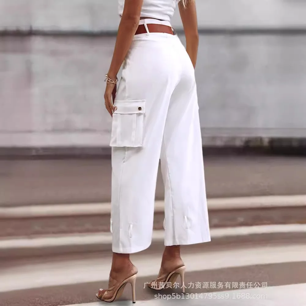 Women Long Pant High Waist Pants Slim Fit Regular Casual Elegant Splice Pocket Button Trousers Solid Summer Capris 2024