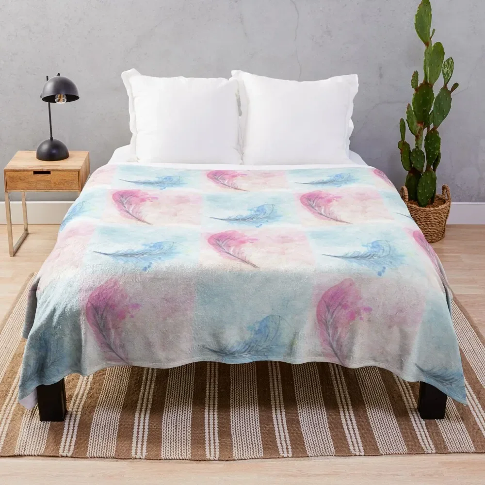 Colourful Feather Pattern Flannel Throw Blanket Watercolour Style King Queen Size Blanket for Kid Boys Girl Bed Sofa Couch Decor