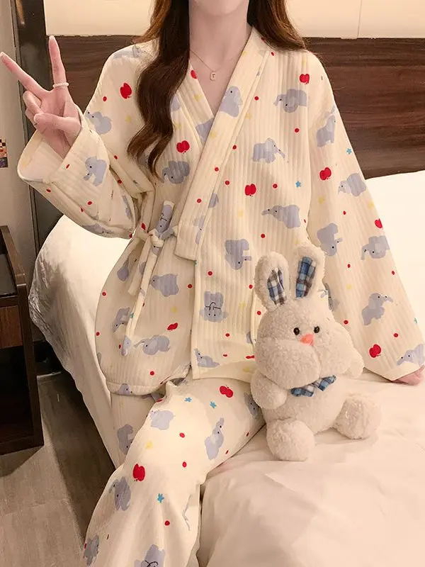 Thickened Air Cotton Pajamas Women's Winter Sleepwear Long Sleeve Kimono Style Home Clothes Set with Belt Sweet New Model