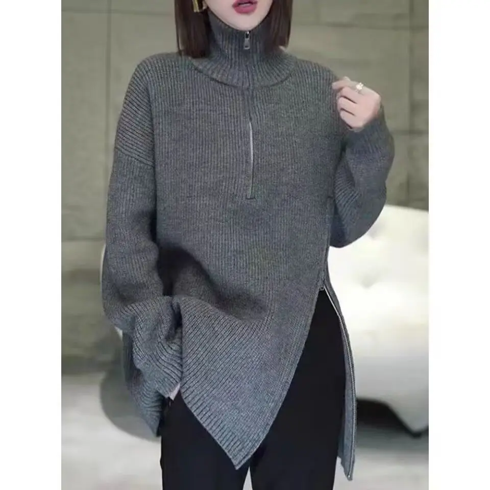 

Small niche high neck zipper thick sweater knitted sweater lazy autumn and winter new style loose and slimming design top
