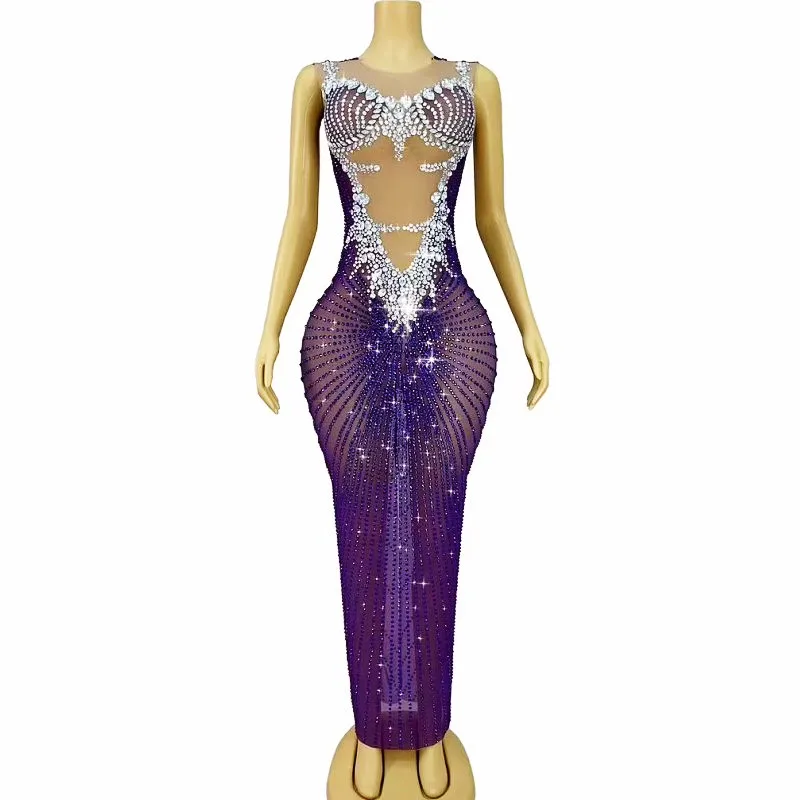 여성을위한 골드 블랙 라인 석 민소매 롱 드레스 섹시한 생일 축하 저녁 댄스 파티 사진 촬영 가운 공연 의상